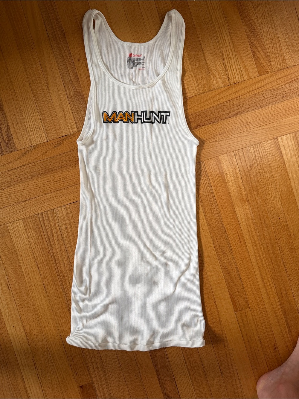Vintage MANHUNT White Ribbed Tank Top with Yellow & Black Logo size S